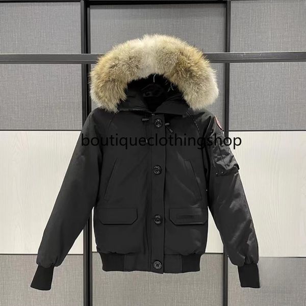 Piumino pilota da uomo canadese di design Piumino da pilota in vera pelliccia di lupo con cappuccio Parka in tela Lettera Patch caldo capispalla spesso da donna Cappotto invernale in piumino d'oca 283