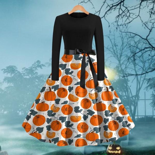 Vestidos casuais mulheres vestido impresso retro vintage morcego abóbora balanço feminino traje de halloween para coquetel baile 1950s