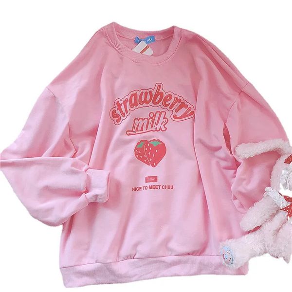 Moletom com capuz feminino S-3XL Harajuku Kawaii Moletom Morango Rosa Moletons Primavera Kpop Estilo Coreano Fleece Mulheres Bonito Top Outwear para Meninas 231011