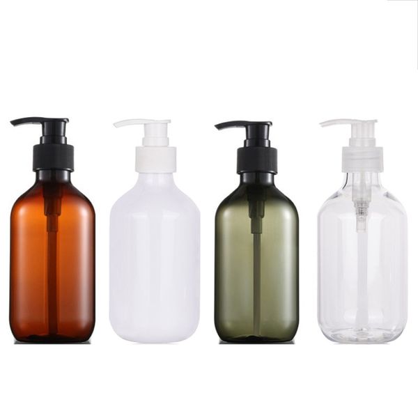 Pumpflasche aus PET-Kunststoff, braun, grün, durchsichtig, weiß, flache Schulter, PET-Kosmetik, nachfüllbare Verpackungsbehälter, leere Shampoo-Duschgel-Lotion-Flaschen, 300 ml, 500 ml