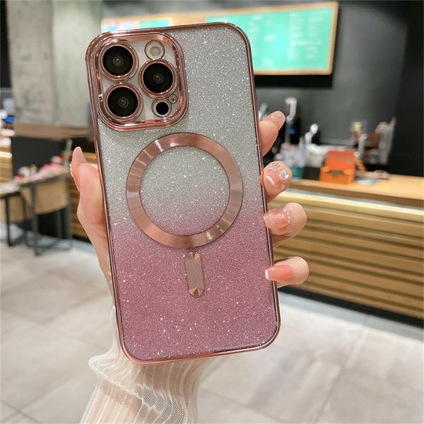 Custodia trasparente con glitter sfumato di placcatura di moda per iPhone 15 14 13 12 11 Pro Max Plus Cover di ricarica wireless magnetica in silicone morbido trasparente