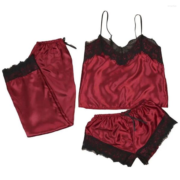 Abbigliamento per la casa 3 pezzi Set pigiama sexy da donna Set di indumenti da notte patchwork in maglia di pizzo Set di spalline per spaghetti Canotta Pantaloncini Pantaloni Abiti Abbigliamento per la casa solido