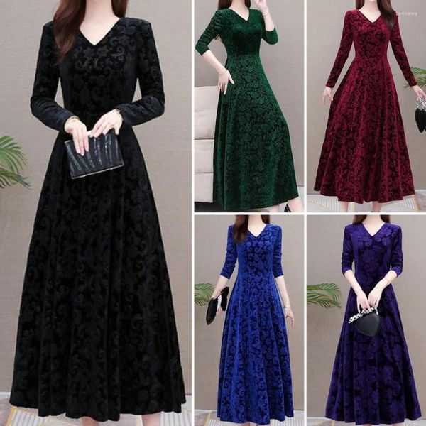 Vestidos casuais chique tornozelo-comprimento veludo vintage mulheres maxi vestido único padrão magro plissado bodycon baile balanço grande hem noite