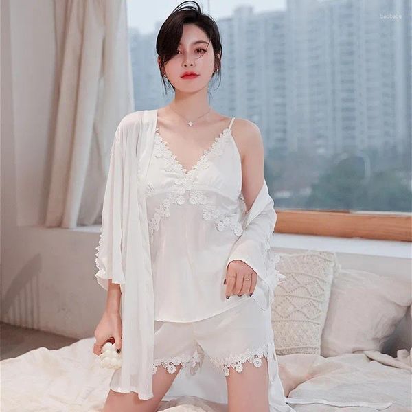 Ev Giyim 2023 Kadın Seksi Pijamalar Takım 3pcs Sweetwear saten Kimono Batrobe Elbise Sıradan Nightgown Samimi iç çamaşırı ipeksi gece giymek