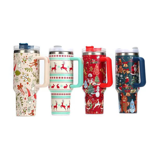 Kapak ve Pipetli Tutlu Yalıtılmış Kupalar ile 40 Oz Noel Tumbler Paslanmaz Çelik Kahve Termos Bardakları