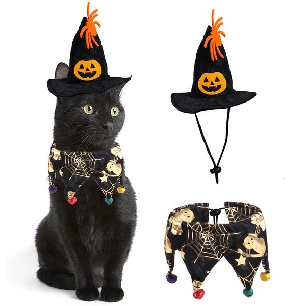 Trajes de gato Halloween Hat Scarf Set Crânio Padrão Cat Cape Hat Set Decorações Dog Halloween Costume Cat Costume Cosplay 231011