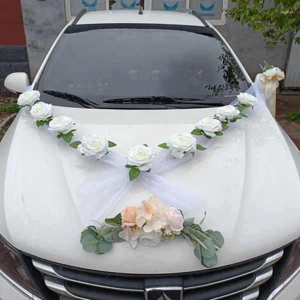 Dekorative Blumen Yan Künstliche weiße Rose mit Gaze für Hochzeitsauto-Dekorationsset, rote Auto-Frontgirlande, romantische Wed-Dekoration