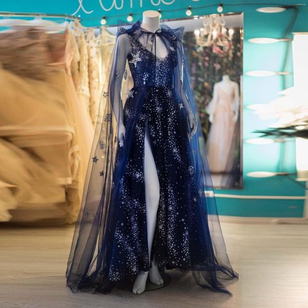 Abiti casual Abiti da ballo gotici Perline blu navy Tulle Lungo Abiye Gece Elbisesi Perle Stelle Abito maxi extra lussureggiante Mantello trasparente da donna