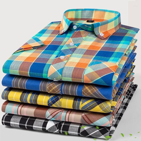 Camisas casuais masculinas S-6XL moda xadrez de algodão para homens manga curta único remendo bolso design jovem padrão-ajuste camisa de flanela grossa