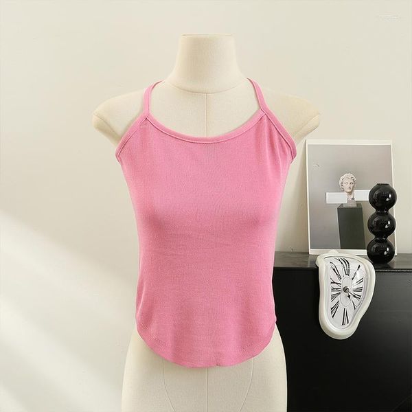 Tank da donna sexy canotta a camisole canotta canotta da donna estate in pizzo irregolare senza schienale su cime rosa corti 2023