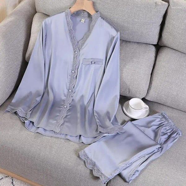 Ev Giyim Lounge Wear Women Sweetwear saten pijamalar set dantel 2pcs gömlek borsaları femme gevşek pijamalar takım elbise gündelik kıyafetler pijamalar