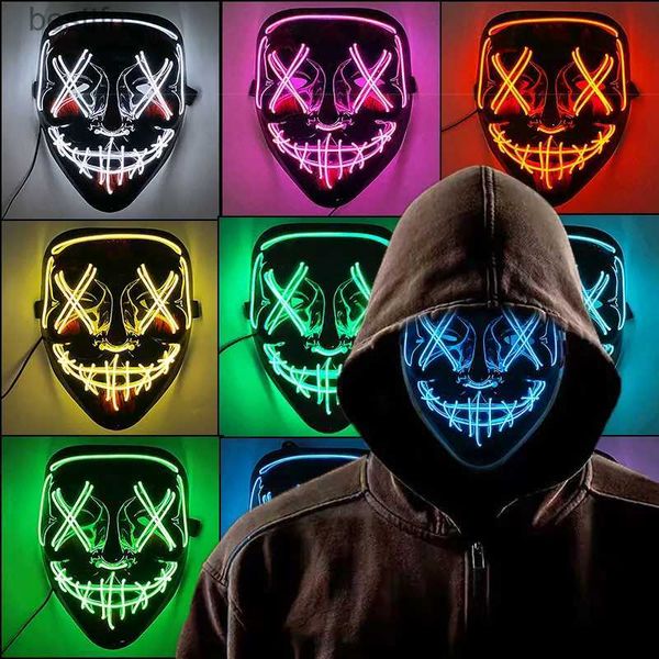 Acessórios de fantasia Cosplay EL Neon Máscara Halloween Neon Led Purge Mask Masquerade Party Máscaras LED Light Glowing Horror Mask Glow in the DarkL231011