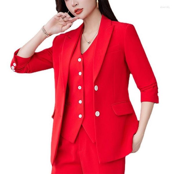 Damen Zweiteilige Hosen Elegante Anzüge für Frauen Formales 3-teiliges Set RotBlauSchwarz Büro Damen Business Blazer Weste Hosenanzug Trajes