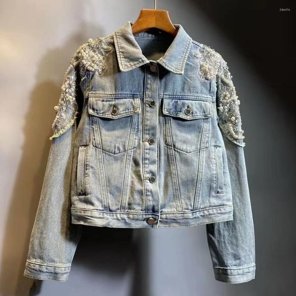 Jaquetas femininas 2023 primavera outono coreano contas pesadas strass moda all-match manga longa jean jaqueta recortada denim casaco para mulher