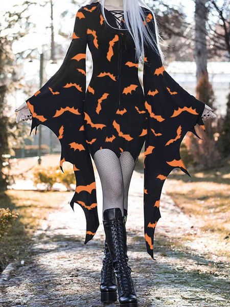 Abiti casual 2023 autunno inverno Halloween pipistrello stampa manica abito stile strega moda donna scollo a V gonna lunga Lady Streetwear