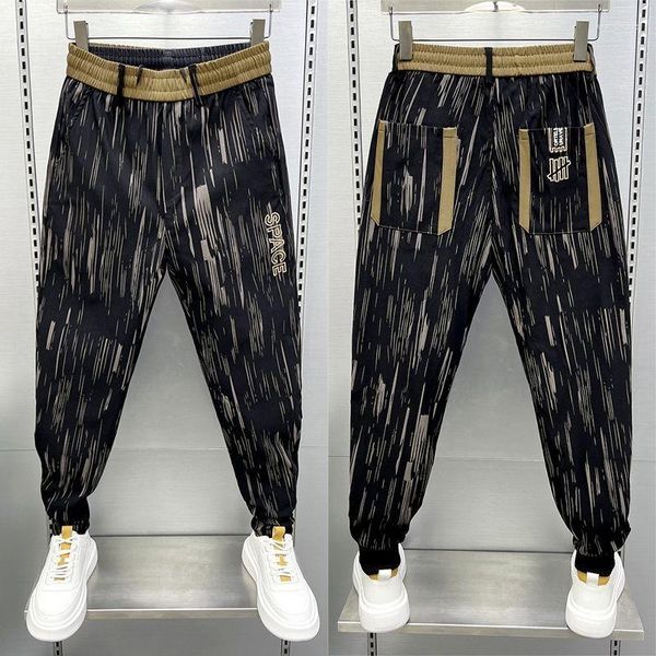 Calças masculinas moda homens harem listrado hip hop streetwear alta qualidade única cintura elástica calças masculinas algodão corredores sweatpants