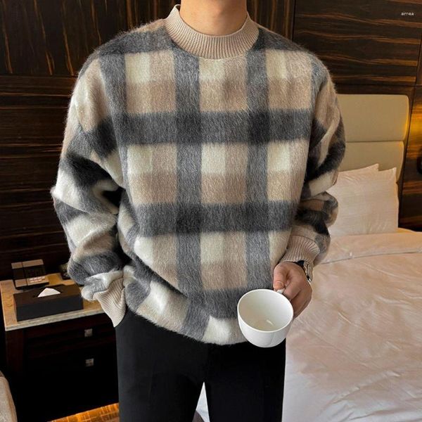 Männer Pullover 2023 Plaid Männer Langarm Gestrickte Pullover Homme Hohe Qualität Pullover Winter O Hals Warme Strickwaren A26