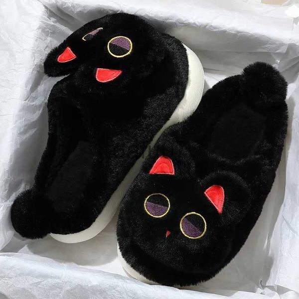 Pantofole QYCKABY Gatti Testa Grande Pantofole di Cotone per la Casa Donna Cartoon Peluche Kawaii Scarpe Spesse Pantofole Nere Bianche Scarpe di Design di Marca di Lusso x1011