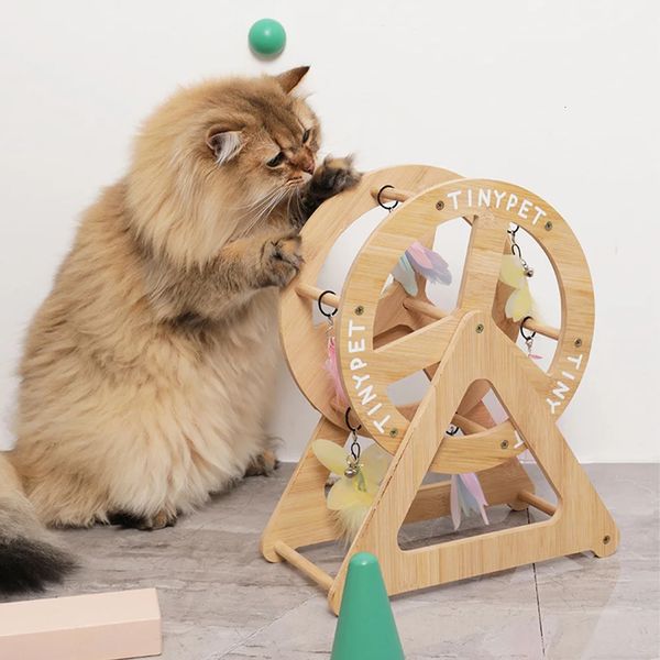 Katzenspielzeug, Katzenspielzeug, Katzenbedarf, Katzendrehteller, Riesenrad aus Holz, drehbar, Katzenstab, Glocke, Ball, Feder, Neckspielzeug für Katzen 231011