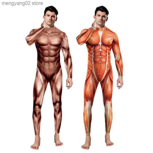 Tema Traje Homens Cosplay Carnaval Bodysuits 3D Muscle Impressão Manga Longa Mulheres Roupas Sexy Skinny Elastic Halloween Macacão Outfit T231011