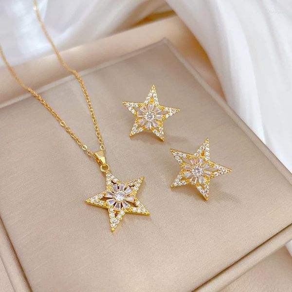 Conjunto de brincos de colar de qualidade superior requintado estrela de cristal feminino brinco de casamento jóias banhado a ouro pentagrama zircão jóias para noiva