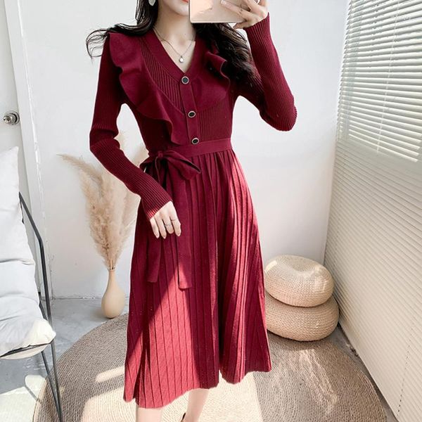 Vestidos casuais zawfl mulheres elegante v-pescoço vermelho babados vintage lace up roupas de malha feminino coreano único breasted manga longa inverno