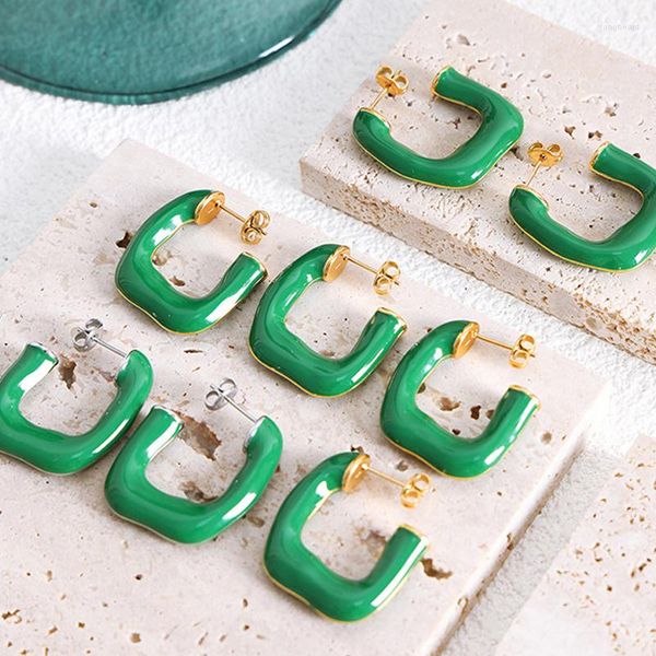 Orecchini a cerchio francese romantico smalto verde liscio quadrato geometrico per le donne Huggie fibbia per l'orecchio gioielli retrò regali di nozze