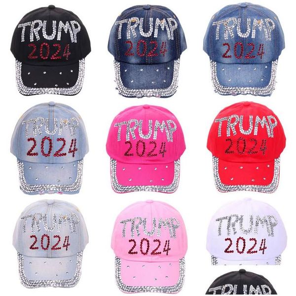 Cappelli da festa Trump 2024 Diamanti Denim Cappello da sole Berretto da baseball con diamanti casual Athleisure Cotone regolabile Casa Giardino Festivo Party Suppli Dha4F