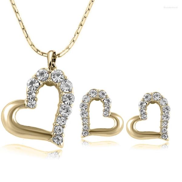 Set di orecchini per collana, color oro, alla moda, adorabili, carini, con doppio cuore e orecchini in cristallo, per gioielli da donna e ragazza