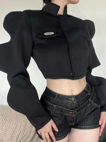 Damenjacken Niedliche einfarbige schwarze Herbst-Winter-Frauenjacke Mode Stehkragen Einreiher Laternenärmel Weiblicher Mantel Streetwear