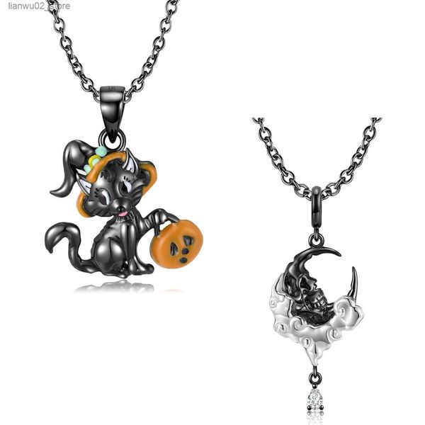 Andere Modeaccessoires JIUHAO 925 Sterling Silber Halloween Mondschädel Schwarze Katze Kürbiskorb Halskette passend für Damen Anhänger Schmuck Q231011