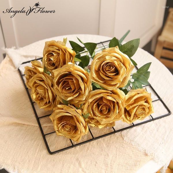 Flores decorativas 10 cabeças de prata dourada rosa flor artificial diy casamento arranjo floral material seda buquê de noiva decoração de casa po