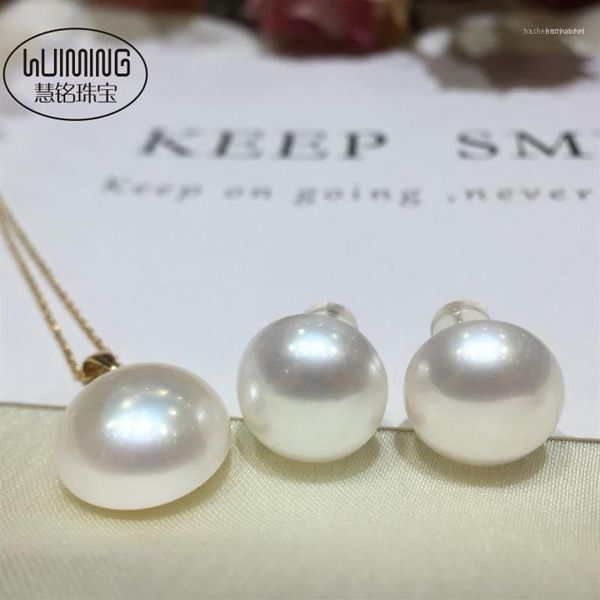 Correntes Natureza Branco Sounth Sea Pearl Coin MABE 18k Pingente Brincos 13-14mm Contas Inteiras FPPJ1223S