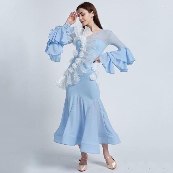 Stage Wear 2023 Dance Dance Dress Women Women Sky Blue Long Manleeves Waltz Performance Competud Competition BL11288