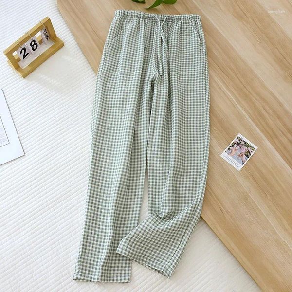 Frauen Nachtwäsche Frühlingshosen plaid japanischer dünner Pyjamas Haushaltsgröße Mädchen großer kleiner Krepp -Sommer -Baumwolle locker