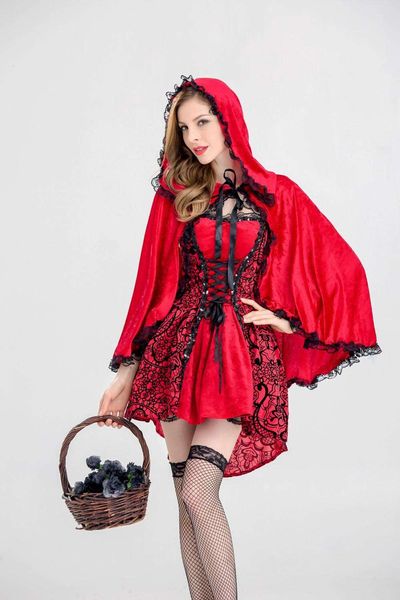 Fantasia de chapeuzinho vermelho sexy para mulheres adultas, fantasia de halloween, vestido de festa, conto de fadas, roupa cosplay