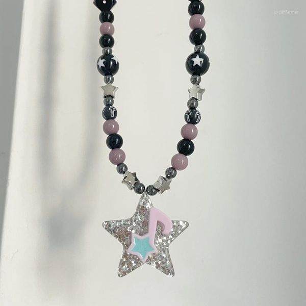 Ketten Stern-Halskette mit unregelmäßiger Perle, Pentagramm-Anhänger, Y2k-Halsketten, Musiknoten-Schmuck, Geschenk für Frauen, Mädchen, Teenager