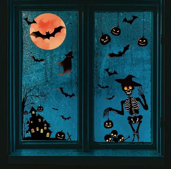 1 Satz, Halloween-Roter Mond, Fledermaus, Schloss, Kürbis, Geist, Skelett, Menschen, Wohnzimmer, Zuhause, Fenster, Glas, Dekoration