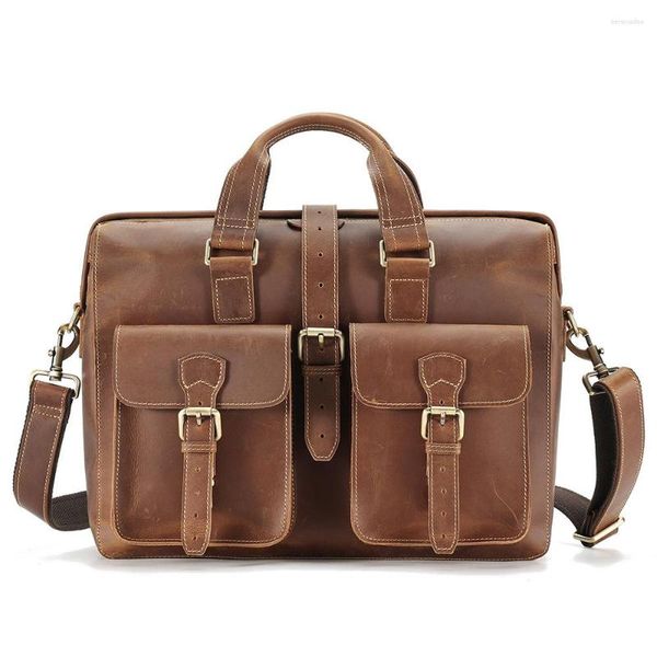 Aktentaschen Vintage Crazy Horse Leder Männer Aktentasche Business Arbeitstaschen Männlich Passt 15,6 Zoll Laptop Messenger Umhängetasche Handtasche