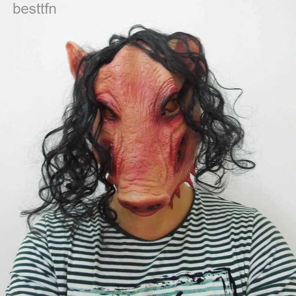 Kostüm Aksesuarları Lateks Pig Kafası Korkunç Maskeler Klasik Cosplay Prop Cadılar Bayramı Maske Festivali Maske Zincirleri Domuz Kafası Saçla Korkunç 231011