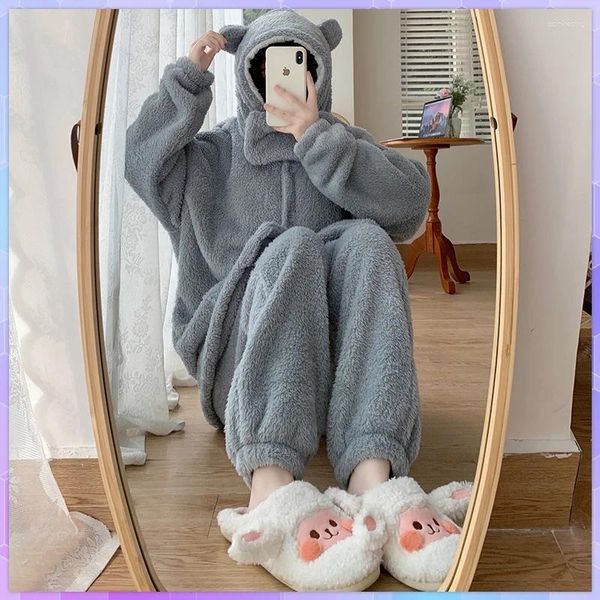 Домашняя одежда Женская пижама для всего тела Твердые с капюшоном Теплые милые пижамы Ночная рубашка Зимняя одежда для сна Фланелевая кавайная женская толстая ночная рубашка Халаты