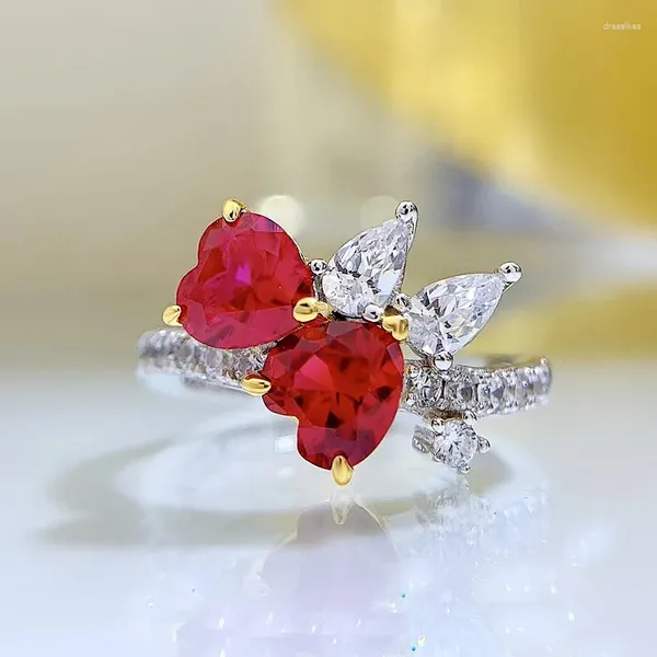 Anéis de cluster Primavera Qiaoer Vintage 925 Sterling Silver 6mm Coração Ruby Alto Carbono Diamante Gemstone Mulheres Anel Noivado Fine Jewelry