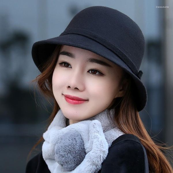 Berets elegante vintage lã bowler chapéu arco curto borda boné ajustável outono inverno quente pescador chapéus senhoras iiterary all-match