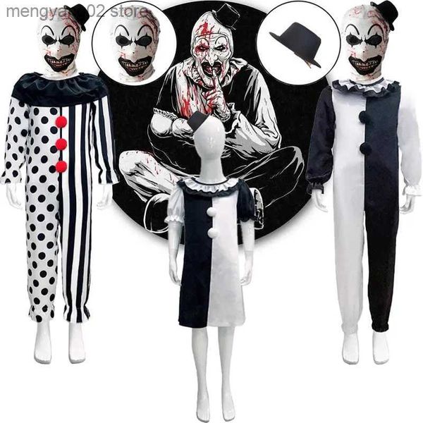 Costume a tema Bambini Terrifier Clown Cosplay Come Terrifier Maschera Tuta Halloween Come Horror Nero Bianco Tute da clown Ragazze Ragazzi T231011