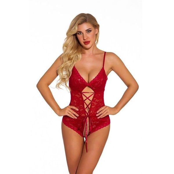 Wome Sexy scollatura profonda Hollow-out Allacciatura sul davanti Pizzo e ritaglio in rete sul retro Teddy Body Rosso Lingerie da sposa Orsacchiotti S-XXL 284v