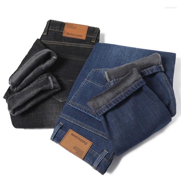 Calças de brim masculinas 2023 negócios de inverno em linha reta estiramento solto mais veludo grosso calças quentes masculino high-end marca denim calças