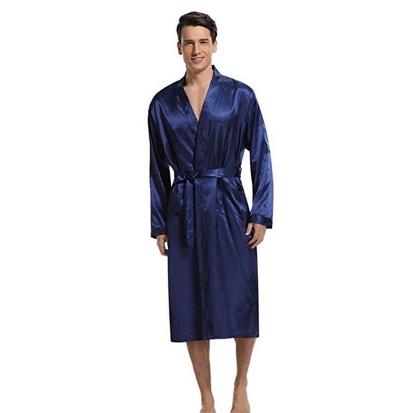 Azul marinho masculino quimono pijamas de cetim robe pijamas quarto casa roupas roupão manga longa macio sedoso pijamas Gown306T