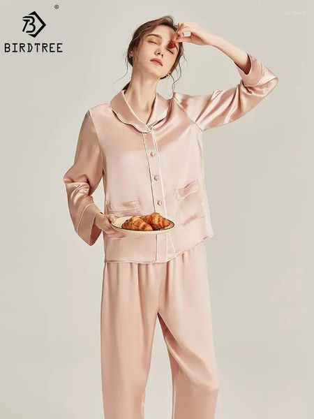 Женская одежда для сна Birdtree 16,5 мм, шелковый шелковый комплект 6А, пижамный комплект с длинным рукавом и кукольным воротником, простая дышащая, приятная для кожи домашняя одежда для женщин