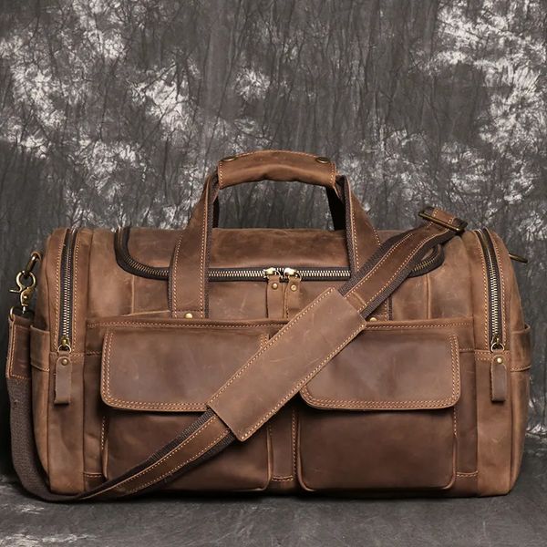 Duffel Bags Retro Brown Homens Bagagem Bag Crazy Horse Couro Grande Capacidade Viagem Business Weekend Um Ombro Messenger 231011