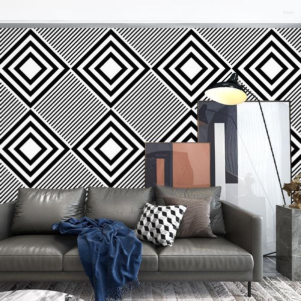 Sfondi Nero Bianco Diamante Carta da parati 3d Stereo Moderno Nordic Griglia geometrica Casa Soggiorno Negozio di vestiti Murale Semplice